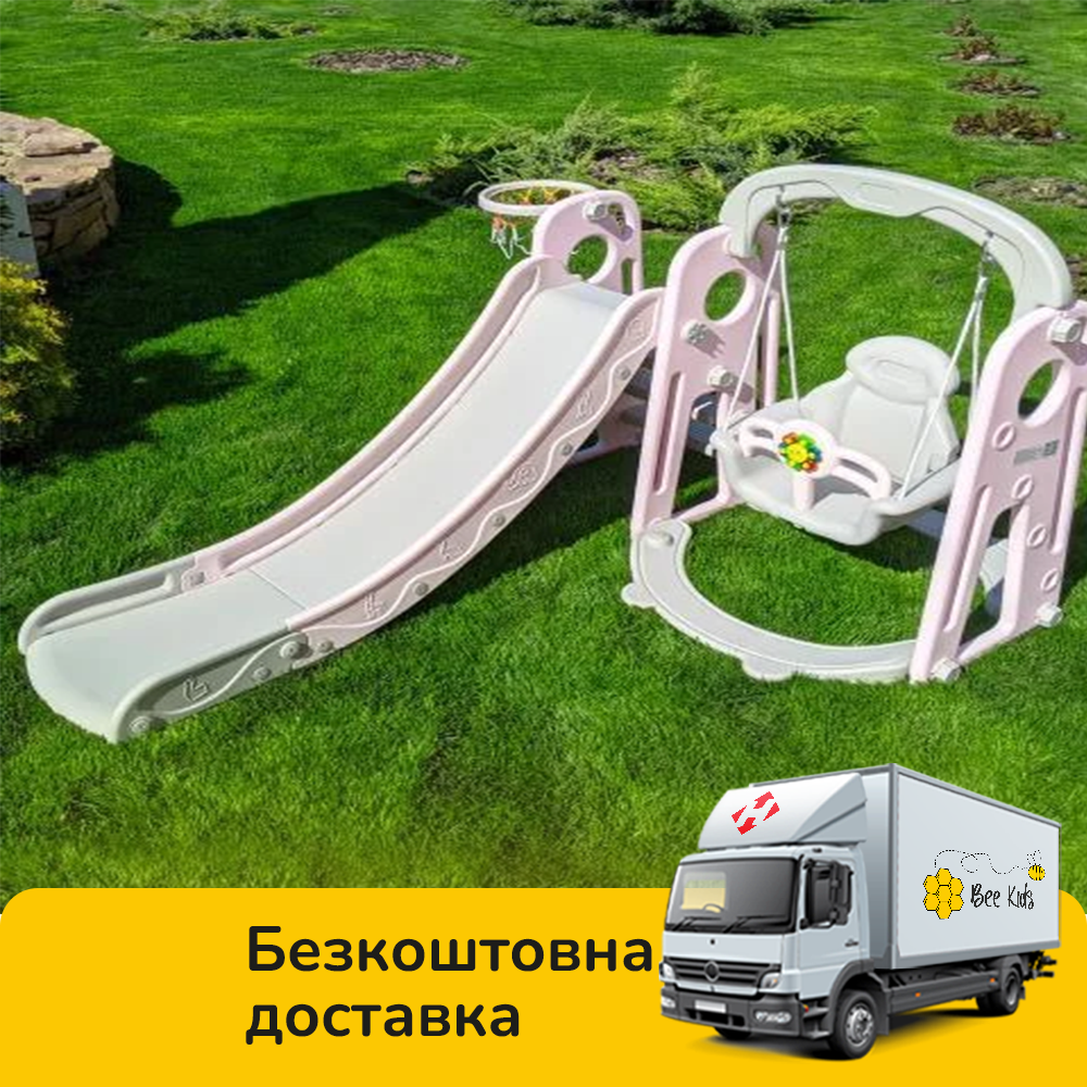 Гірка з гойдалкою Bambi YG2020-1-8 та баскетбольним кільцем Сіро-рожева (Ш120-г175-в106см), фото 1