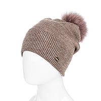Шапка жіноча в'язана з хутряним помпоном і флісовою підкладкою UNK коричнева