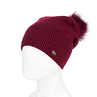 Шапка жіноча в'язана з хутряним помпоном і флісовою підкладкою UNK червона