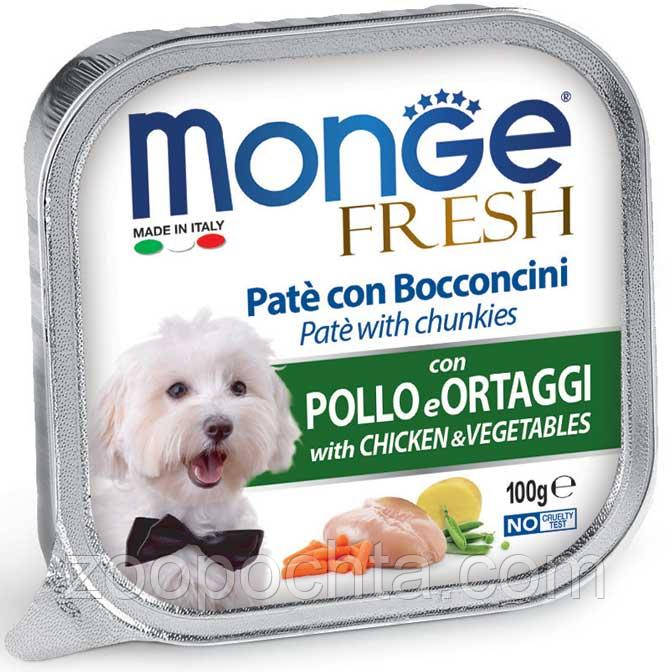 Вологий корм Monge Dog Fresh для собак усіх порід, паштет курка з овочами, 0.1КГ 32 шт, фото 1