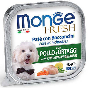 Вологий корм Monge Dog Fresh для собак усіх порід, паштет курка з овочами, 0.1КГх32ШТ