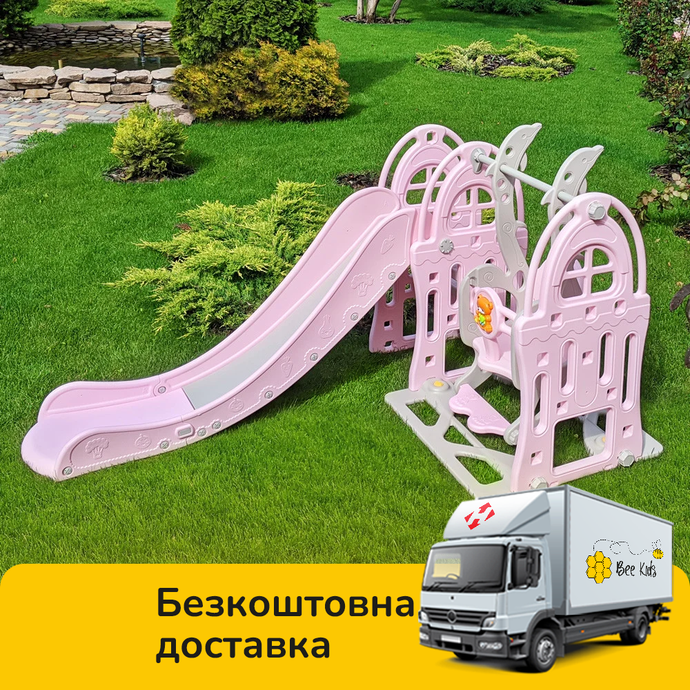 Гірка з гойдалкою Bambi WM19017-8 та баскетбольним кільцем | Гірка з качалкою музика та світло Сіро-блакитна, фото 1