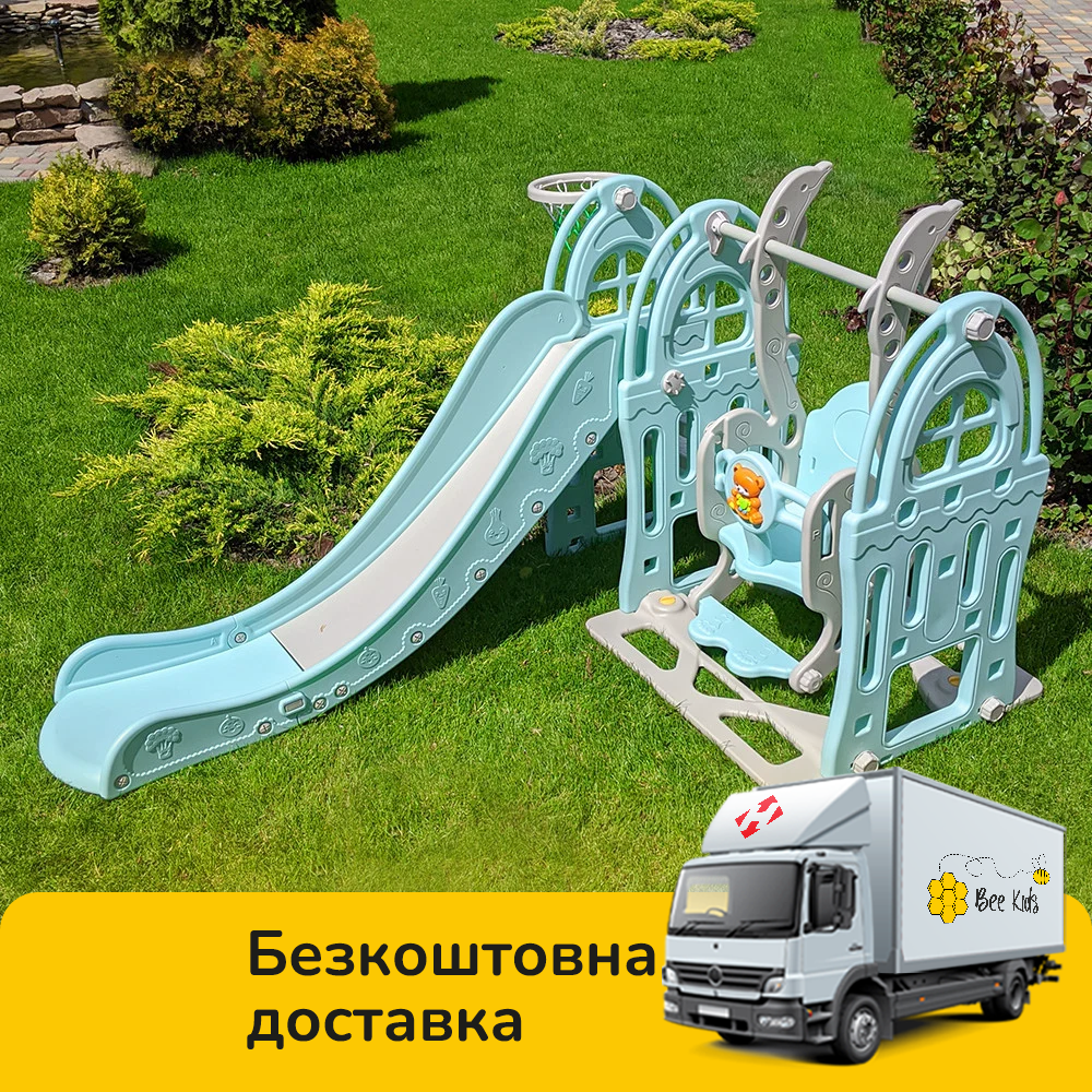 Гірка з гойдалкою Bambi WM19017-4-2 та баскетбольним кільцем | Гірка з качалкою музика та світло Сіро-блакитна, фото 1