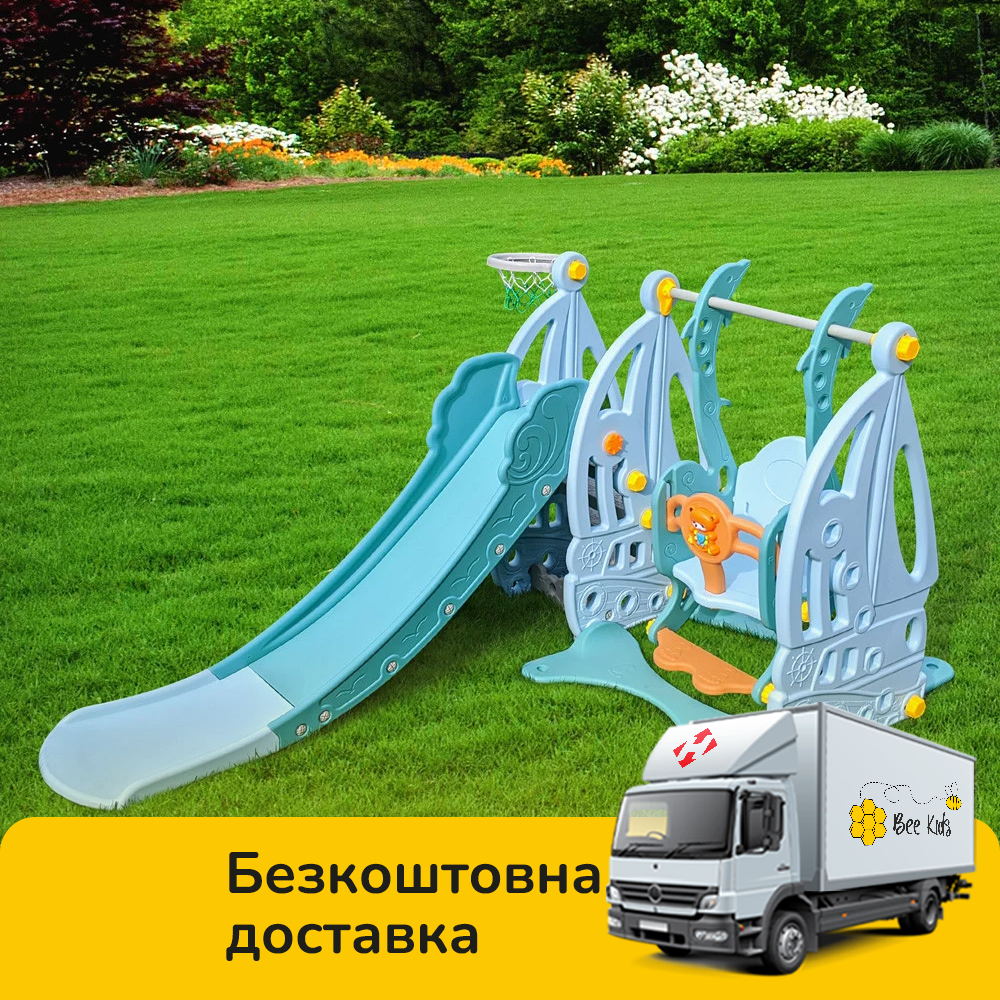 Гірка з гойдалкою Bambi WM19016-4 та баскетбольним кільцем | Гірка з гойдалкою музика та світло Блакитна (ВІДЕООБЗОР), фото 1