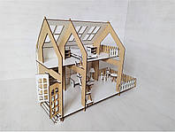 Кукольный домик в стиле Лофт с террасой и балконом. Просторный кукольный домик с мебелью.