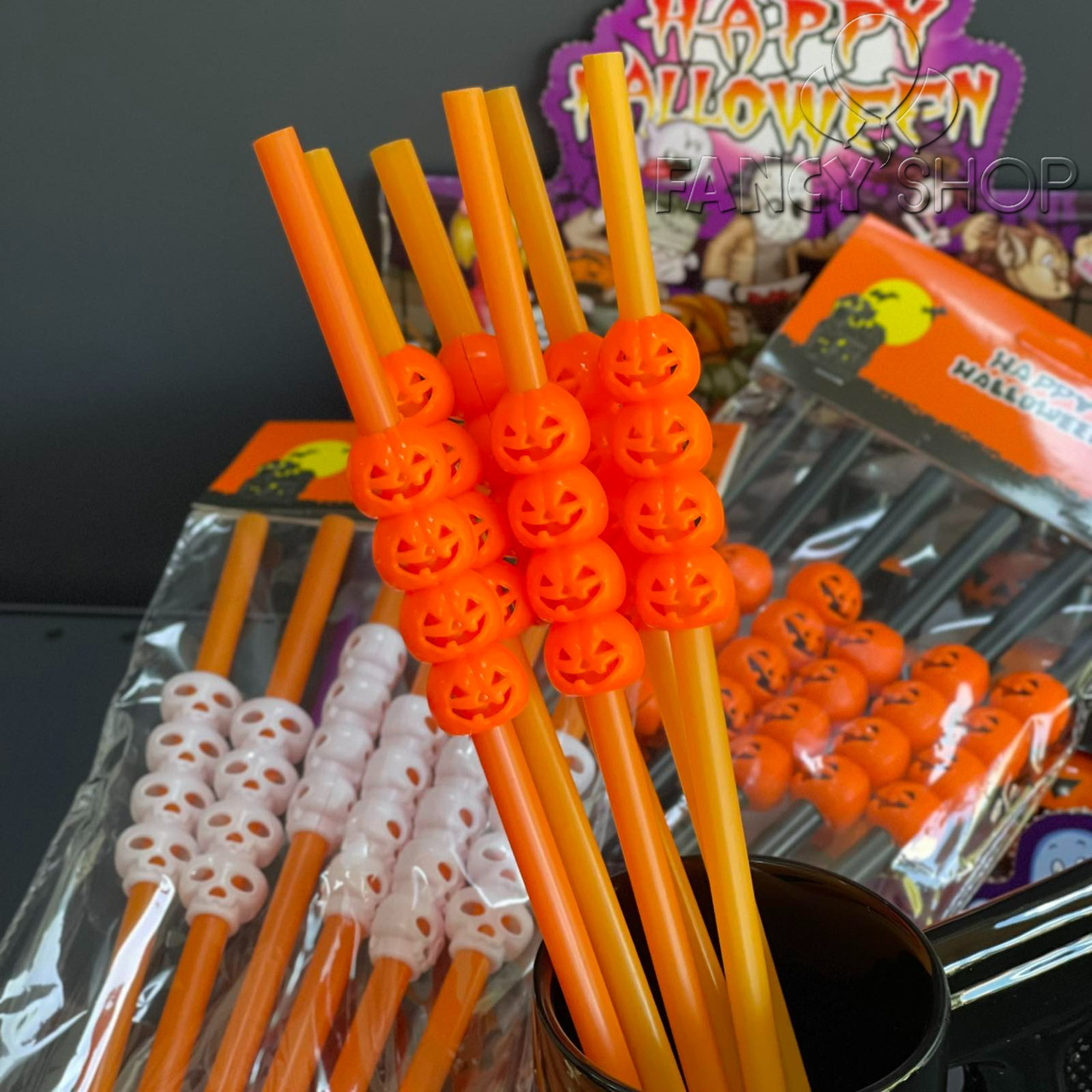 Трубочки "Гарбуз", 6 шт, помаранчеві, Трубочки для коктейля "Тыква Хеллоуин", фото 1