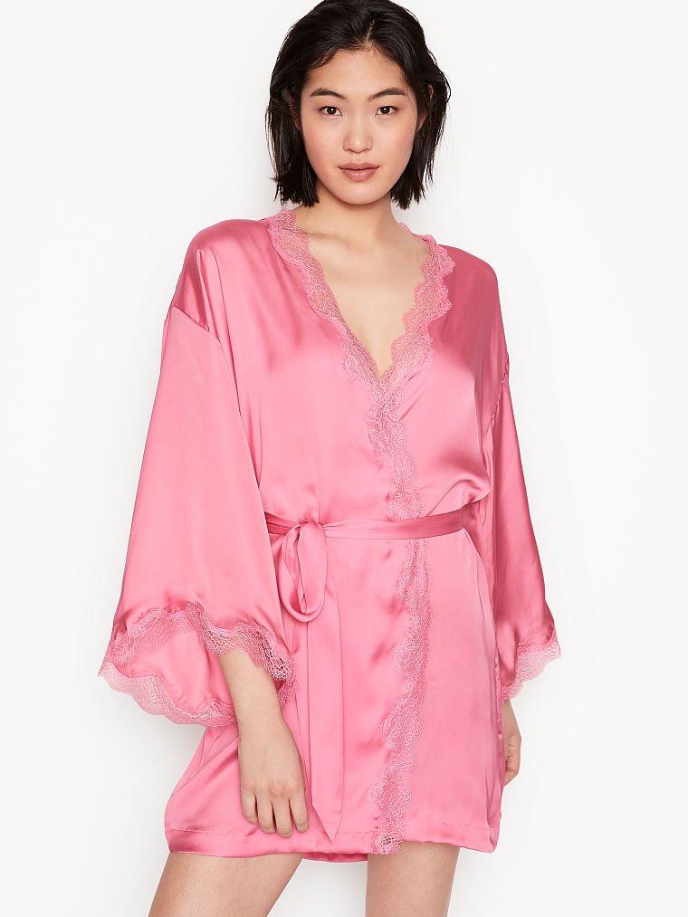 Сатиновий Халат Victoria's Secret Satin & Lace Robe, Рожевий з мереживом