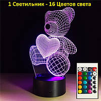 3D светильник Мишка с сердцем, Отличный подарок дочке, Новогодний подарок для девочки, Подарки дочери