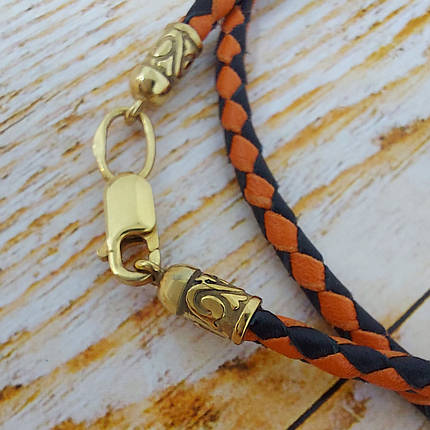 Шнур двокольоровий шкіряний плетений з срібними кінцевиками і замком, плетений візерунок, фото 2