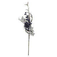 Блестящая декоративная ветка, композиция для новогоднего декора темно-синего и серебристого цвета 56х15 см