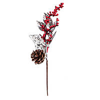 Декоративная ветка с блестками и ягодами для новогоднего украшения 24 см