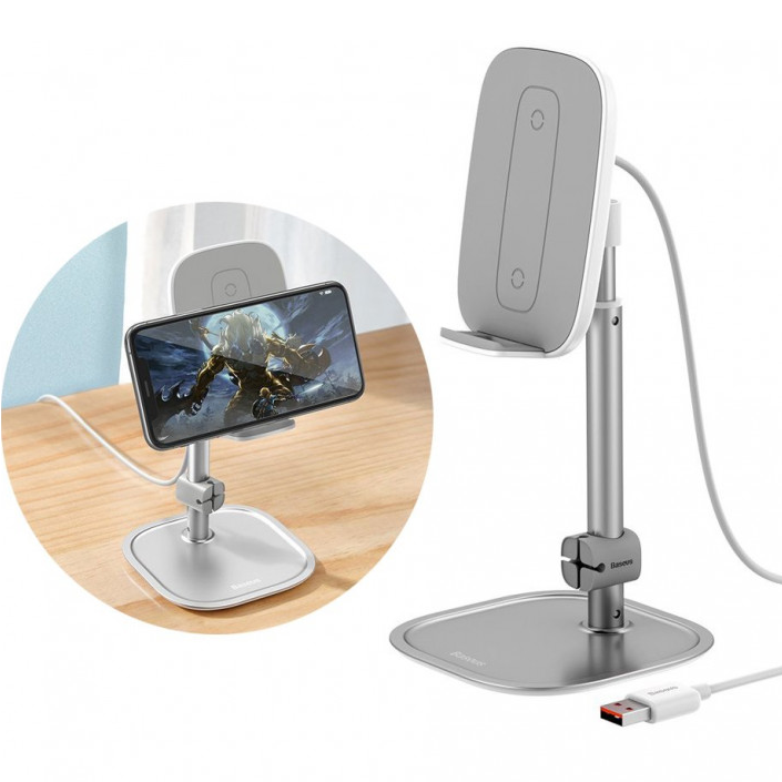Підставка з безпровідною зарядкою Qi для телефону Baseus Literary Youth Desktop Bracket Сірий SUWY-D0S, фото 1