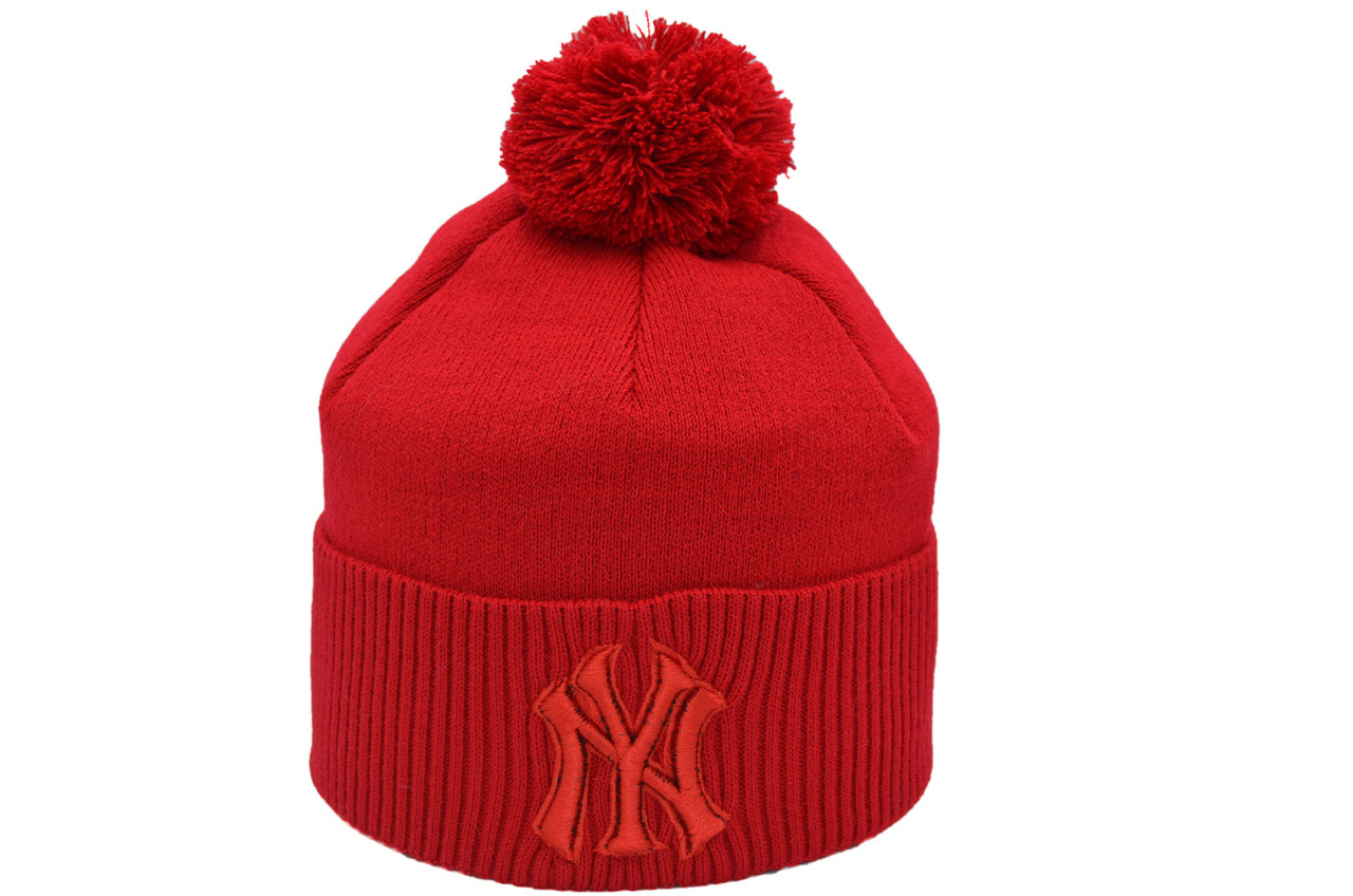 Шапка з помпоном Flexfit New York 53-57 см красная (F-0918-477)