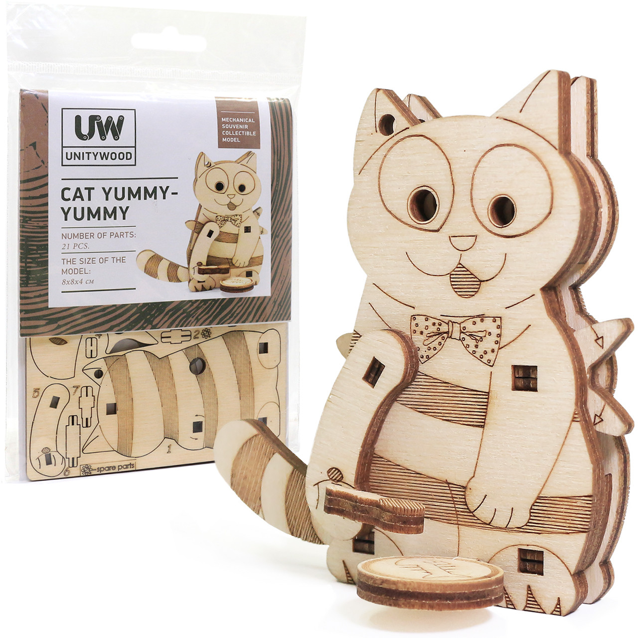 Дерев'яний 3D конструктор Кіт Ням-ням UnityWood «Cat Yummy-Yummy» 21 деталь 8*8*4 см (UW-009)
