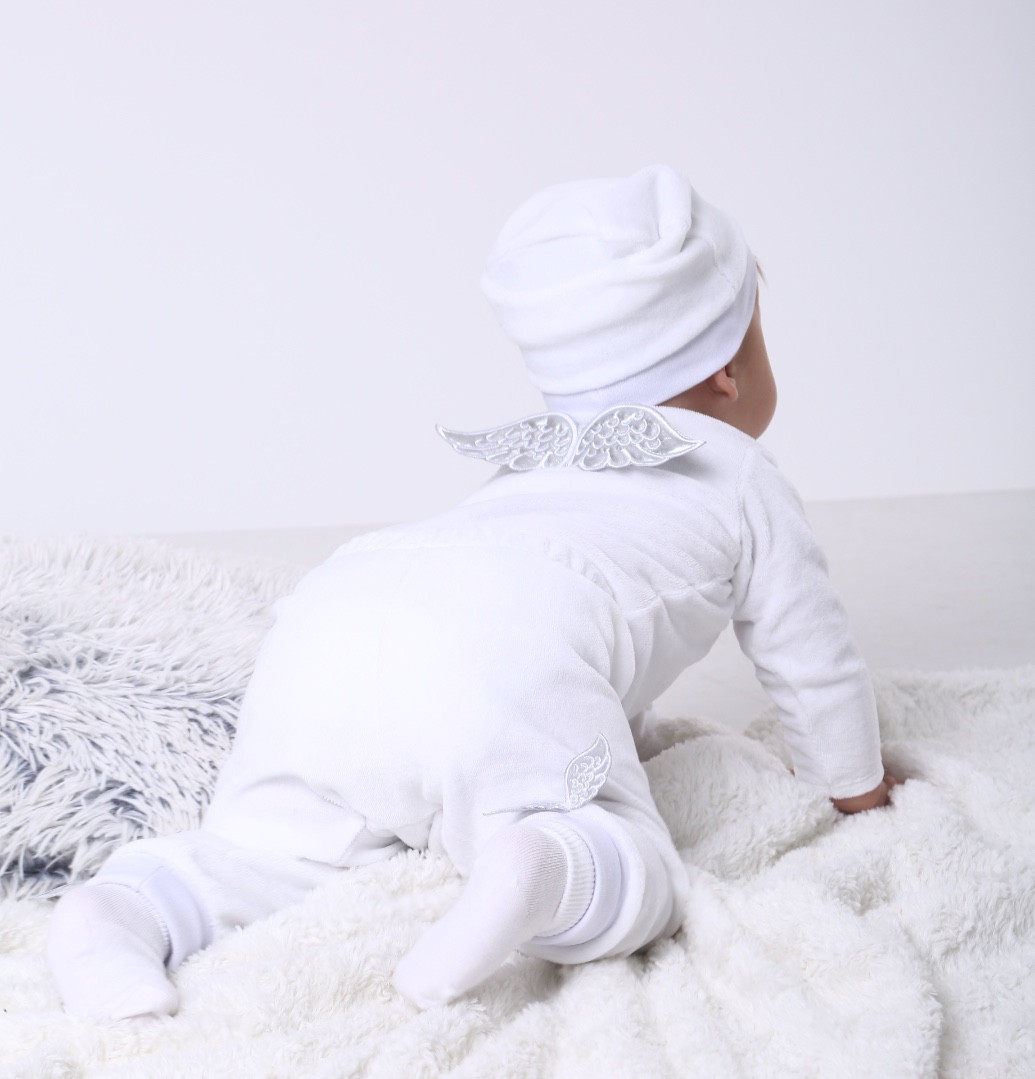 Боді + штани "Ангел"велюр+шапочка та шкарпетки (білий/срібло), фото 1