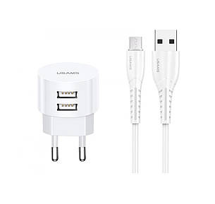 Зарядний пристрій (зарядка) для телефону Usams 2 х USB + кабель Micro USB 2.1А Білий (XTXLOGT18MC05), фото 1