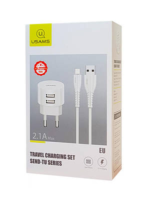 Зарядний пристрій (зарядка) для телефону Usams 2 х USB + кабель Micro USB 2.1А Білий (XTXLOGT18MC05), фото 4