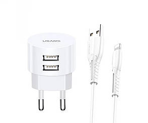Зарядний пристрій (зарядка) для телефону Usams 2 х USB + кабель Lightning 2.1 А Білий (XTXLOGT1804), фото 1