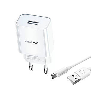 Зарядний пристрій (зарядка) для телефону Usams 1 х USB + кабель Type-C 2.1 А Білий (T21OCTC01), фото 1