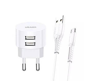 Зарядний пристрій (зарядка) для телефону Usams 2 х USB + кабель Type-C 2.1 А Білий (XTXLOGT18TC05), фото 1