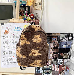 Рюкзак з ведмедиками хутряний для дівчаток коричневий HOCODO (AV298)