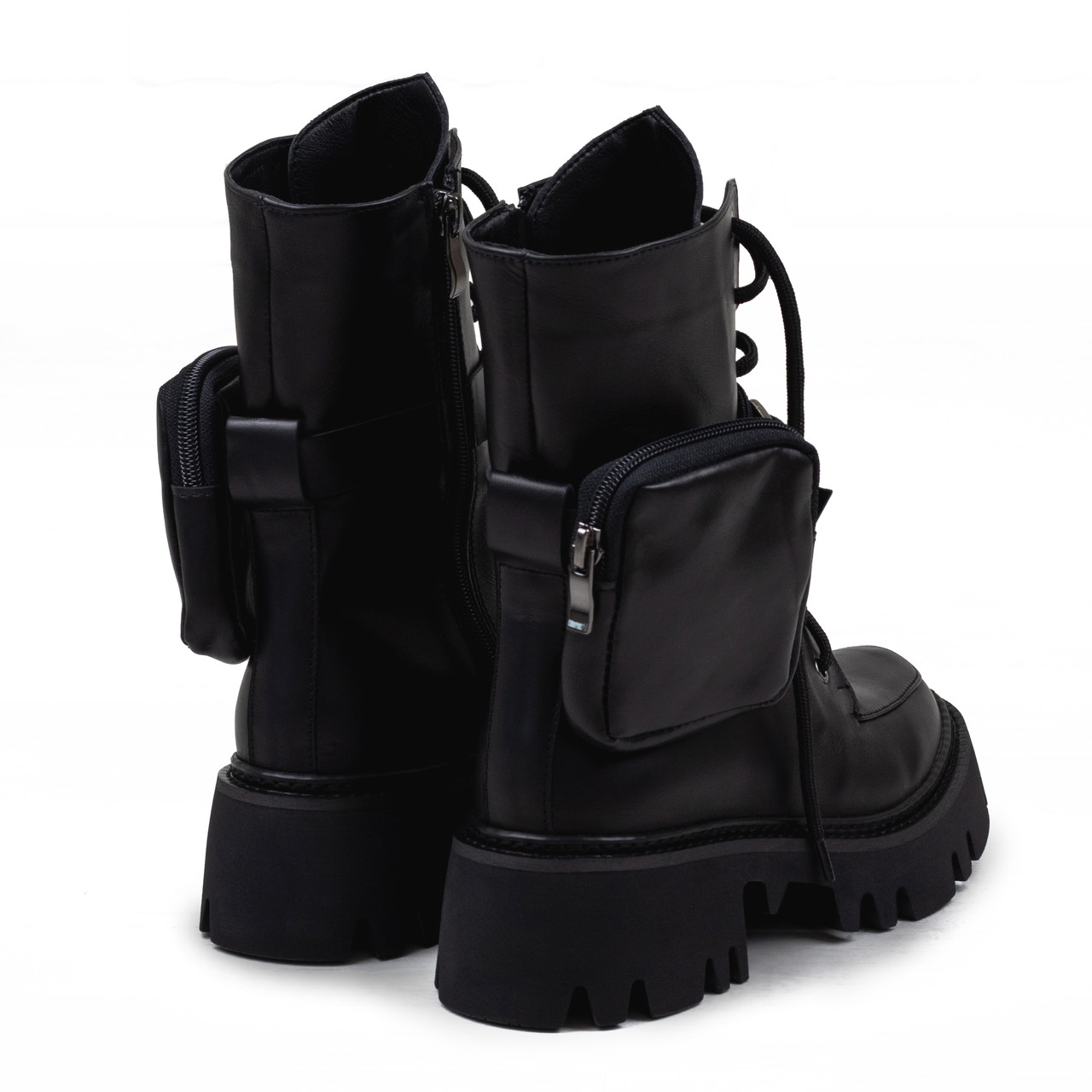 Ботинки женские кожаные с карманом утепленные на байке на толстом каблуке Woman's heel черного цвета - фото 2 - id-p1490530046