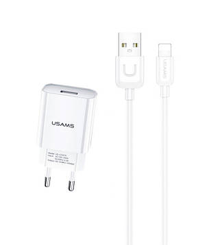 Зарядний пристрій (зарядка) для телефону Usams 1 х USB + кабель Lightning 2.1 А Білий (T21OCLN01), фото 1