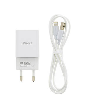 Зарядний пристрій (зарядка) для телефону Usams 1 х USB + кабель Lightning 2.1 А Білий (T21OCLN01), фото 3