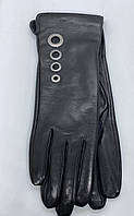 Перчатки женские удлинённые из натуральной лайковой кожи черного цвета с кольцами на тонком меху