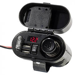 Usb зарядка 3A з прикурювачем, вольтметром і годинником на кермо мотоцикла