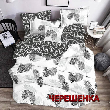 Постільна тканина 220 см набивна Бязь Gold Lux малюнок листя пальми та геометрія на білому (A+B рулони 50 м+50 м) Пакистан, фото 1