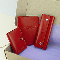 Подарунковий жіночий набір №63: обкладинка на документи + обкладинка на паспорт + ключниця (червоний)