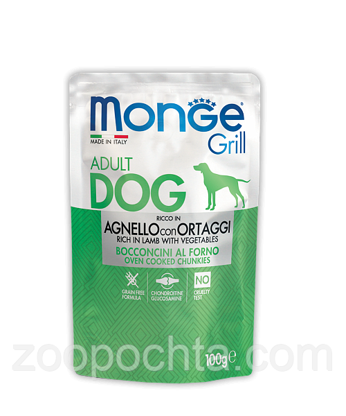 Вологий корм Monge Dog Grill для собак, шматочки в соусі з ягням та овочами, 0.1КГх24ШТ, фото 1