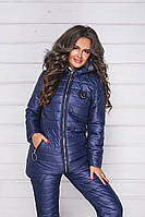 Красивый стильный теплый зимний лыжный женский синтепоновый костюм на овчине с удлиненной курткой. Арт-654 синий