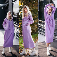 Длинное теплое платье с капюшоном на флисе