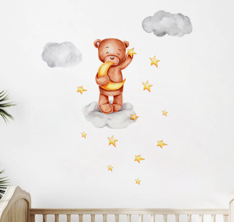 Вінілові наклейки на стіну, шафа в дитячу "ведмедик на хмаринці з місяцем в руці" 65см*70см аркуш 40*60см)