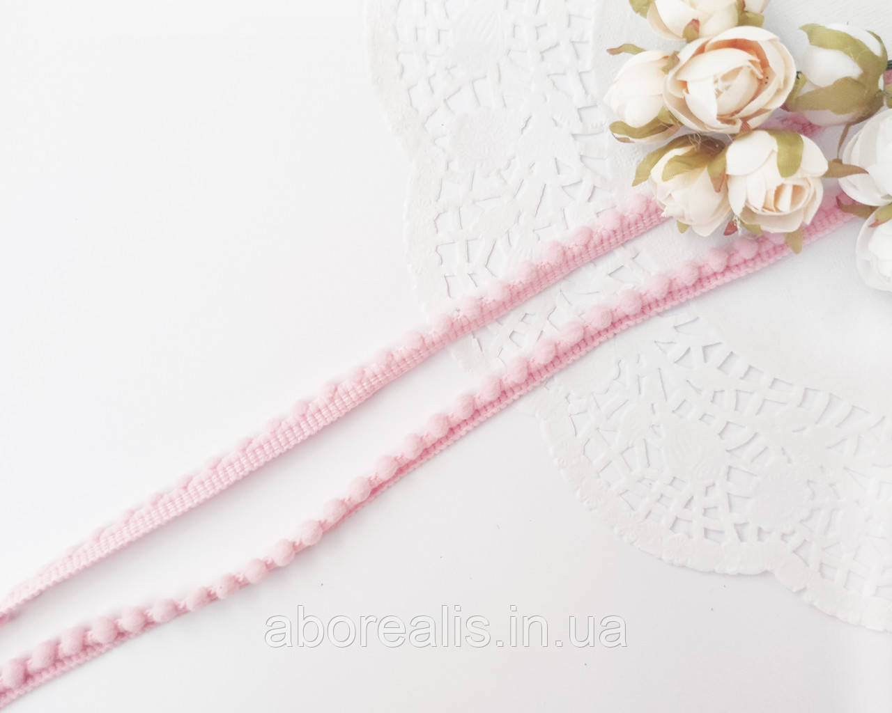 Тасьма з помпонами пастельно-рожева 0.5 см (1м/п), фото 1