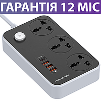 Мережевий фільтр-подовжувач ColorWay, 2 метри, 3 універсальні розетки, 3 порти USB Quick Charge, 1 порт Type-C