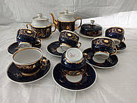 Сервиз чайный "Зеркало" Довбыш фарфор состоит из 15 предметов на 6 персон рисунок, кобальт, штамп, золото.