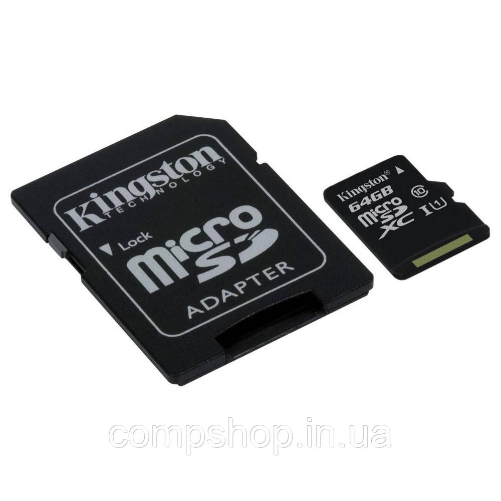 Карта пам'яті MicroSD 64Gb Kingston C10 Canvas Select Plus 100R A1 +перехідник (код 115891)