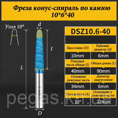 Фреза конус-спіраль по каменю 10*6*40мм синя, фото 1