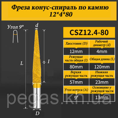 Фреза конус-спіраль по каменю 12*4*80 мм жовта