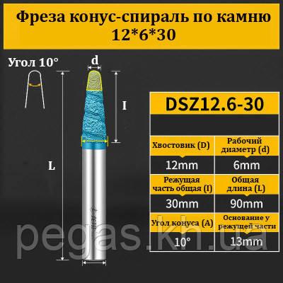 Фреза конус-спіраль по каменю 12*6*30 мм синя