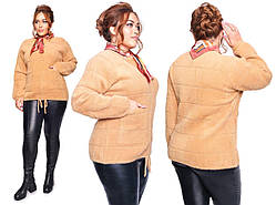 Жіноче хутрове коротке пальто-піджак великих розмірів з вовни альпаки оберсайз р. 50-56. Арт-3659/39 бежеве