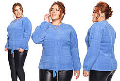 Жіноче хутрове коротке пальто-піджак великих розмірів з вовни альпаки оберсайз р. 50-56. Арт-3659/39 блакитне