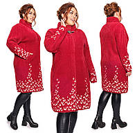 Женское теплое батальное пальто оверсайз из шерсти альпаки р.52-60. Арт-3666/39 красное