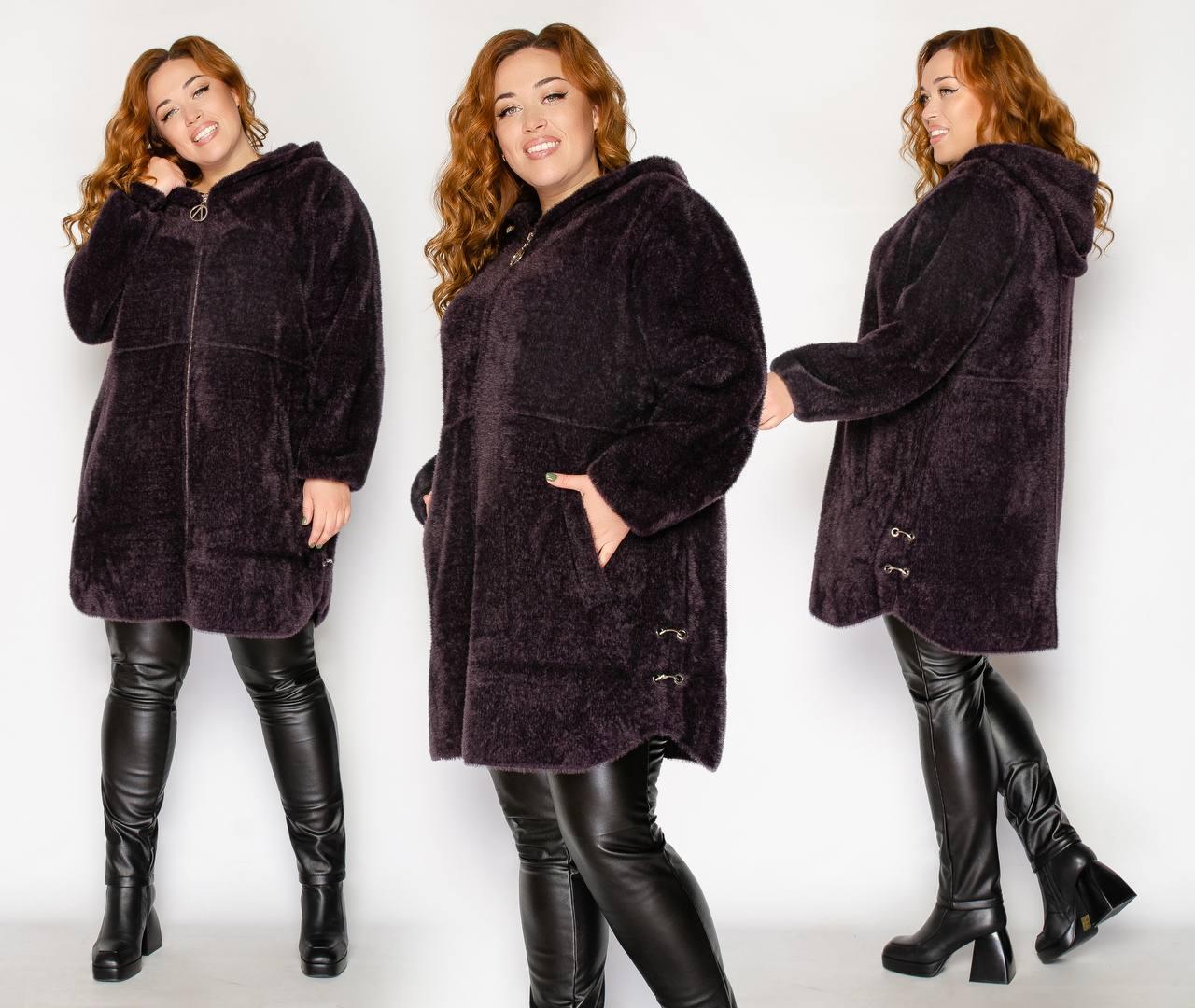Женское теплое пальто оверсайз больших размеров из шерсти альпака с капюшоном р.54-60. Арт-3668/39 баклажан - фото 1 - id-p1494395755