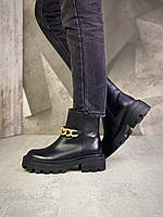Жіночі демісезонні шкіряні черевики з ланцюгом 36-40 р чорний, фото 1