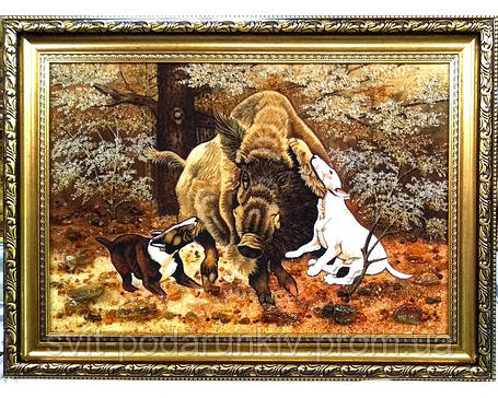 Картина "Полювання на кабана" з бурштину у подарунок, фото 2