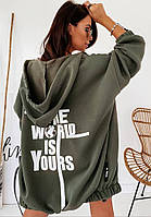 Жіноча подовжена толстовка з написами на спині у фасоні оверсайз з капюшоном вільна (р. 42-46) 40041246, фото 1